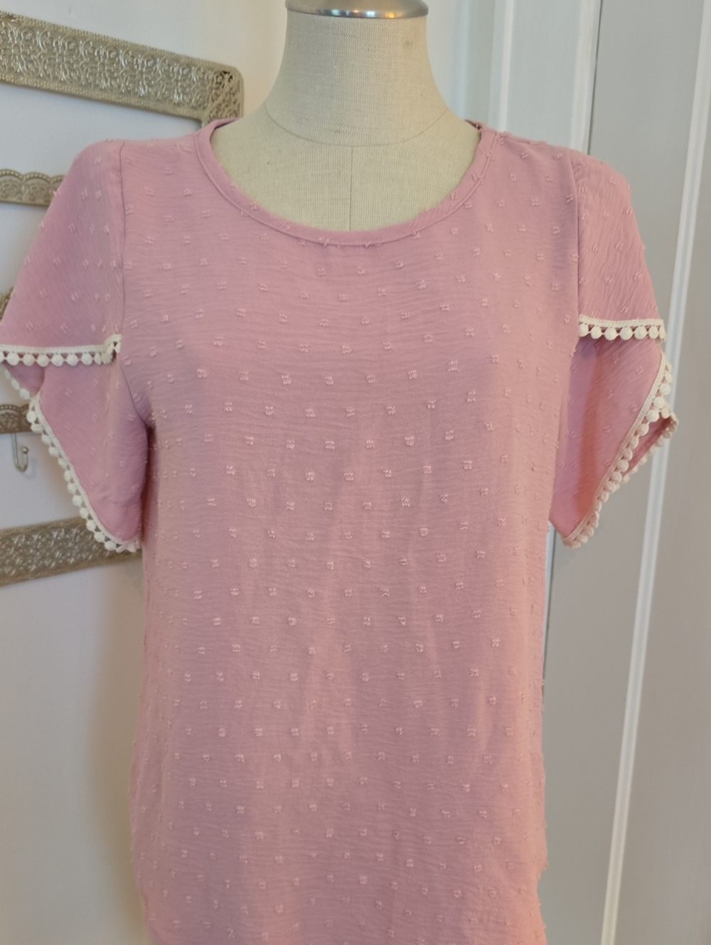 Women's Pink Textured Short Sleeve Top with Pom Trim